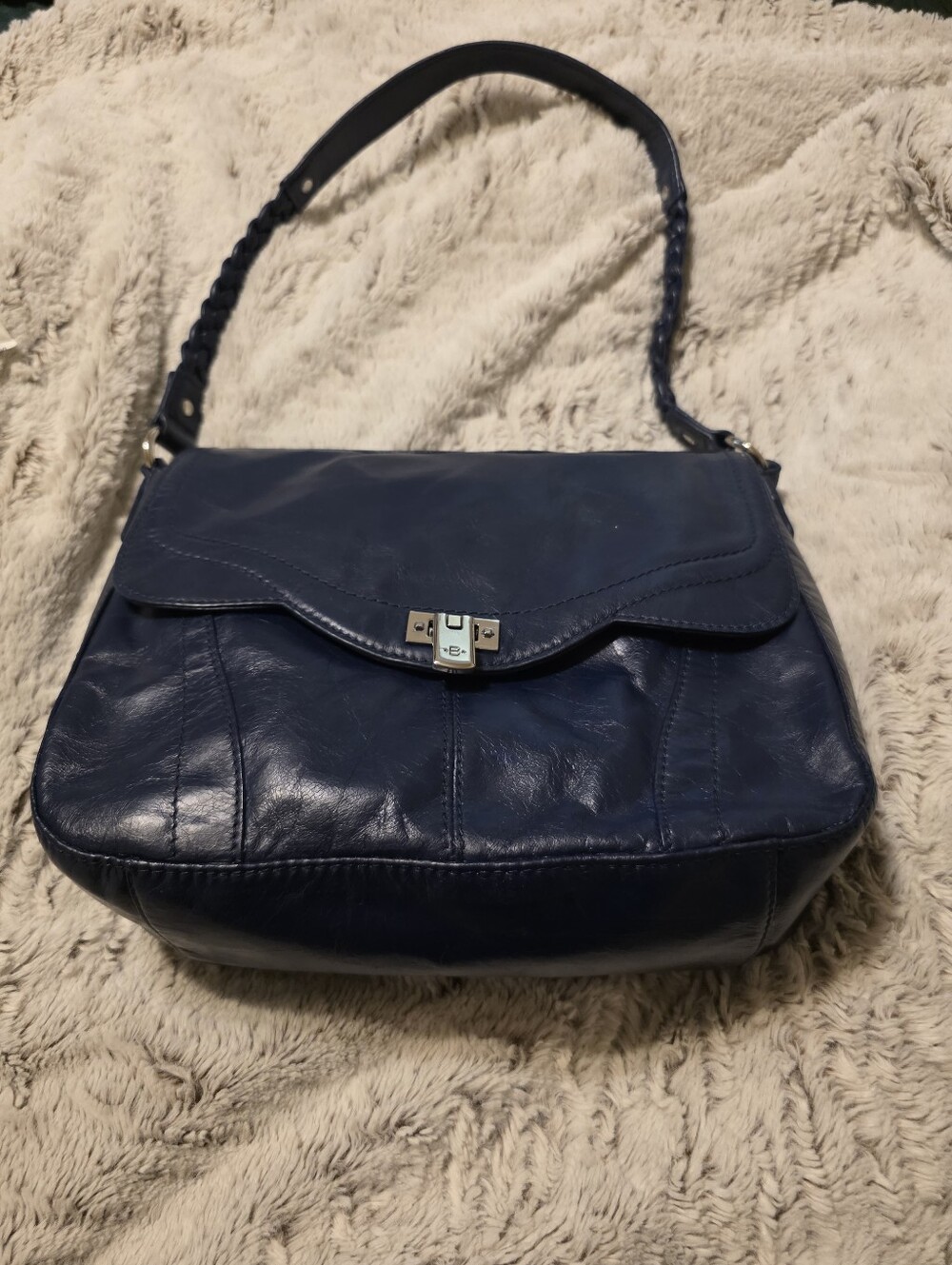 B Makowsky Classic Navy Leather Shoulder Bag